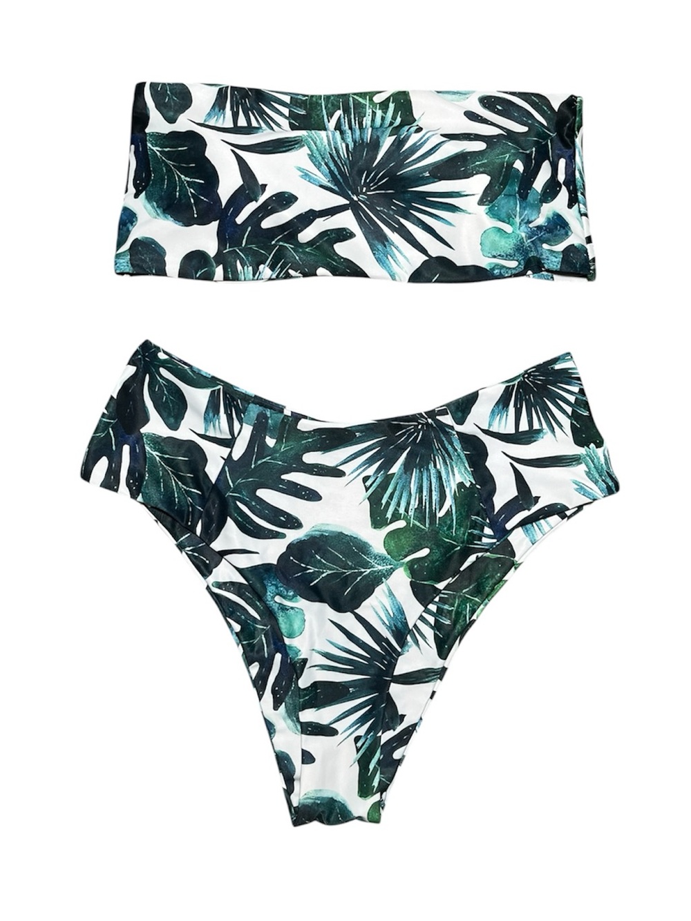 Cupshe Green & White Tropical Leaf Strapless Bikini Set